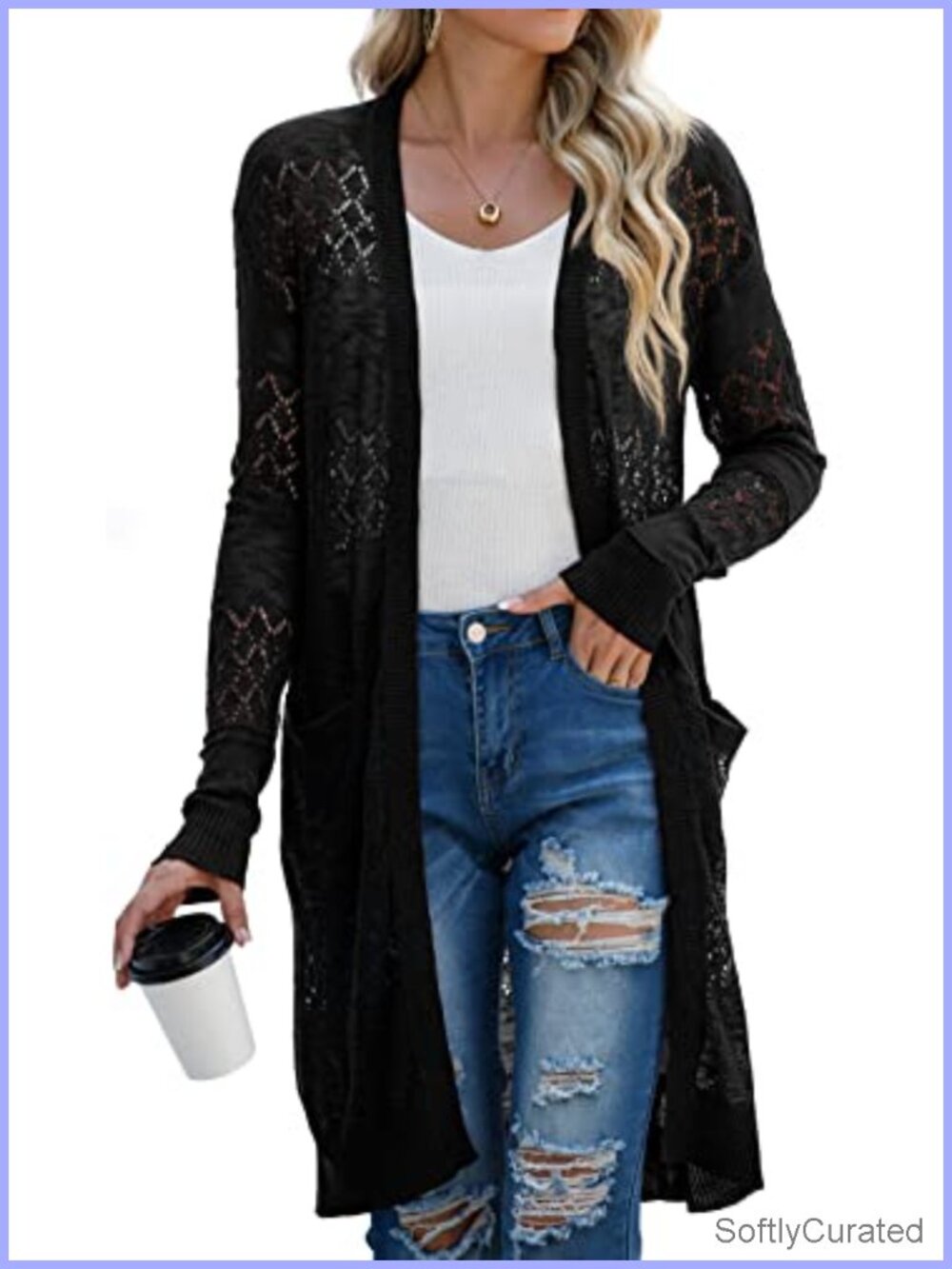 Womens Lightweight Crochet Knit Long Cardigan Open Front Beach Coverup